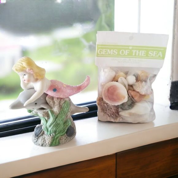 Pink Mermaid Dolphin Porcelain Figurine Seashells Sea Life Ocean Home Decor - Picture 1 of 7